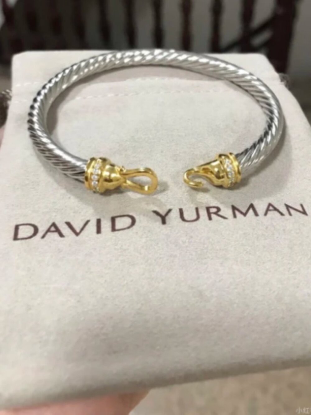 David Yurman Two Tone Cable Hook Bracelet Twisted Wire Pave Crystal Cuff Bangle